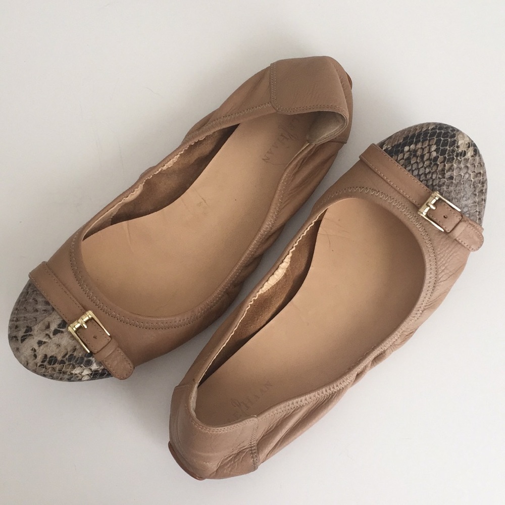 Cole Haan Nude Ballet Flats w/ Snakeskin Cap Toe